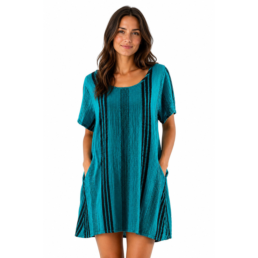 Shannon Pasero Tunic Shift Dress Size Medium Teal Blue Textured Stripe Pockets